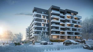 wizualizacja budynku zimą na osiedlu Aurora FRAME STUDIO , projekt : DEJA ARCHITEKCI , inwestor : IPPON GROUP