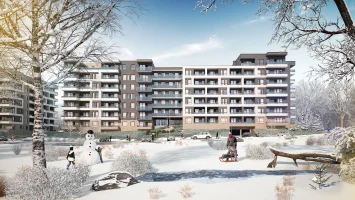 wizualizacja budynku zimą na osiedlu Aurora FRAME STUDIO , projekt : DEJA ARCHITEKCI , inwestor : IPPON GROUP